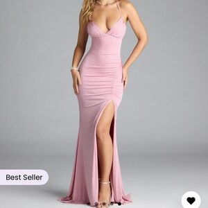 Windsor Pink Spaghetti-Strap Glitter Prom Dress with Thigh Slit